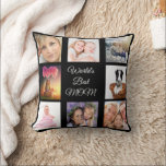 Mother black photo collage cushion<br><div class="desc">A gift for your mother celebrating her life with a collage of 8 photos.  White text: World's Best MOM. Use photo of her,  children,  husband,  pets,  friends,  her dream travel destination. A chic black background. Perfect as a Mother's Day gift or for birthdays and Christmas.</div>