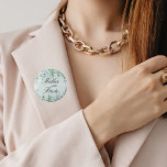 Mother bride eucalyptus greenery woodland  6 cm round badge<br><div class="desc">A green,  white watercolored background. Decorated with eucalyptus greenery foliage and woodland fern. Mother of the bride.</div>