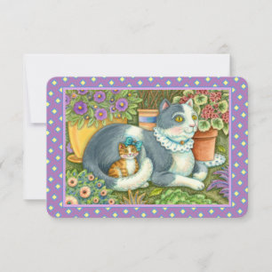 MOTHER CAT AND KITTEN, FLOWERS, BOWS & LACE Flat Card