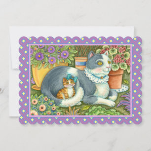 MOTHER CAT AND KITTEN, FLOWERS, BOWS & LACE Flat Card