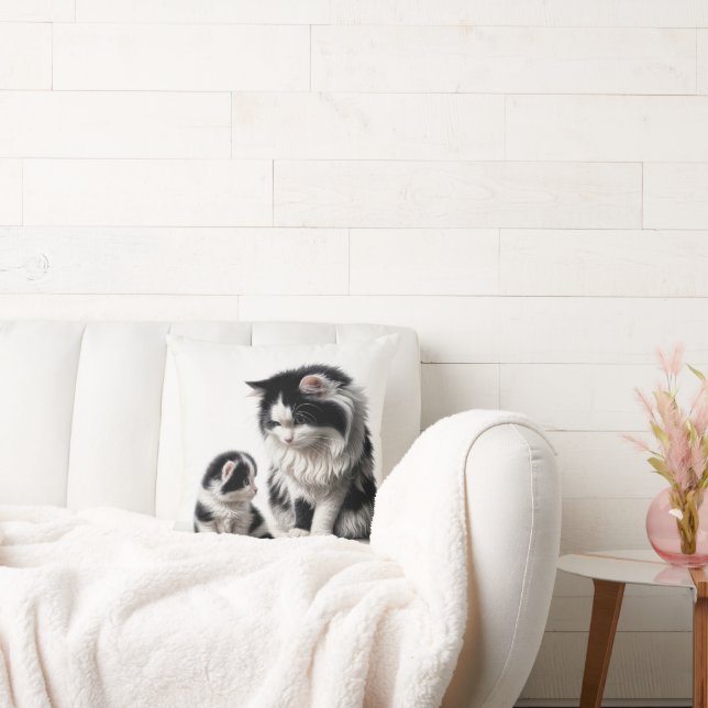 Mother Cat and Kitten On White Cushion (Couch)