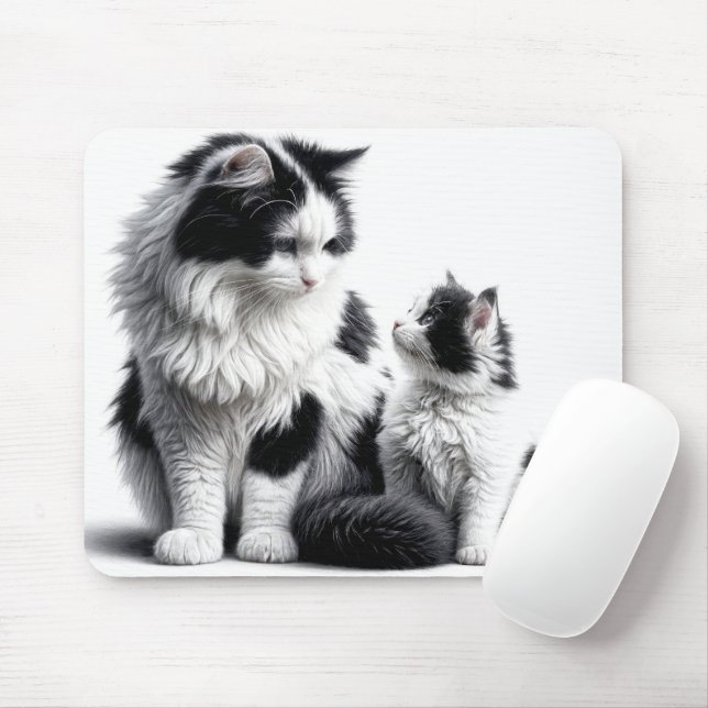 Mother Cat and Kitten On White Mouse Pad (With Mouse)