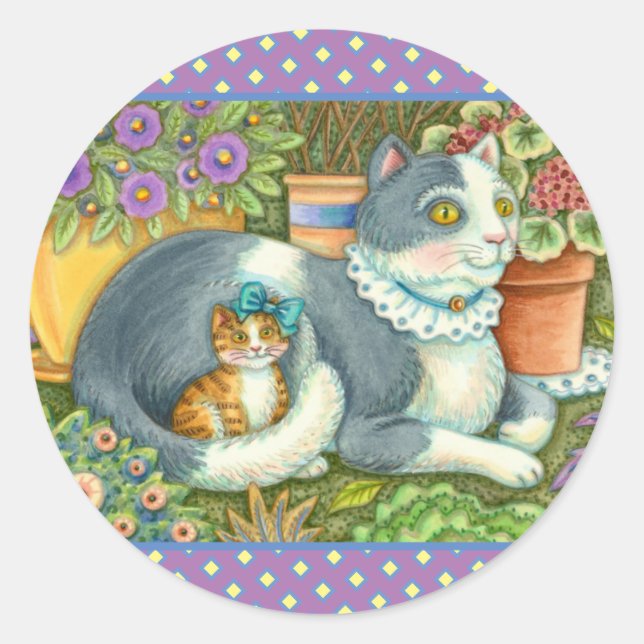 MOTHER CAT AND KITTEN, POTTED FLOWERS, BOWS & LACE CLASSIC ROUND STICKER (Front)