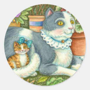 MOTHER CAT AND KITTEN, POTTED FLOWERS, BOWS & LACE CLASSIC ROUND STICKER