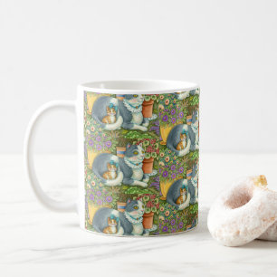 MOTHER CAT AND KITTEN, POTTED FLOWERS, BOWS & LACE COFFEE MUG