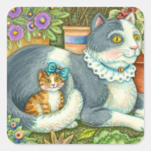 MOTHER CAT AND KITTEN, POTTED FLOWERS, BOWS & LACE SQUARE STICKER