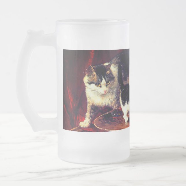 Mother Cat and Kittens on Table Frosted Glass Beer Mug (Left)