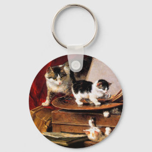 Mother Cat and Kittens on Table Key Ring