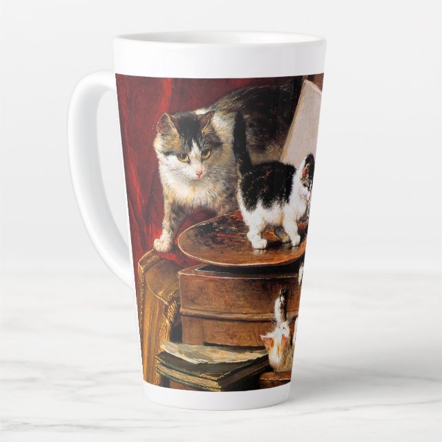 Mother Cat and Kittens on Table Latte Mug (Left Angle)