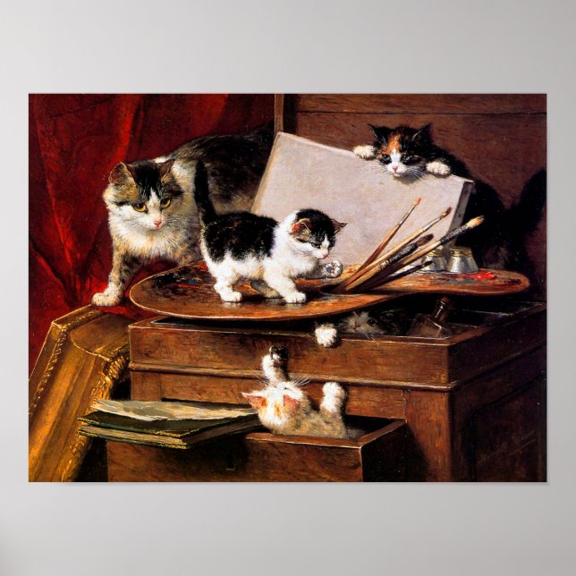 Mother Cat and Kittens on Table Poster (Front)