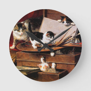 Mother Cat and Kittens on Table Round Clock