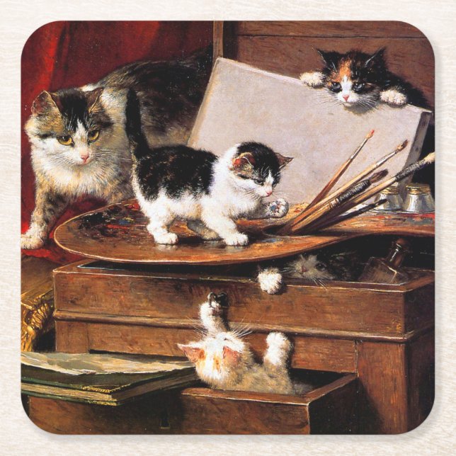 Mother Cat and Kittens on Table Square Paper Coaster (Front)