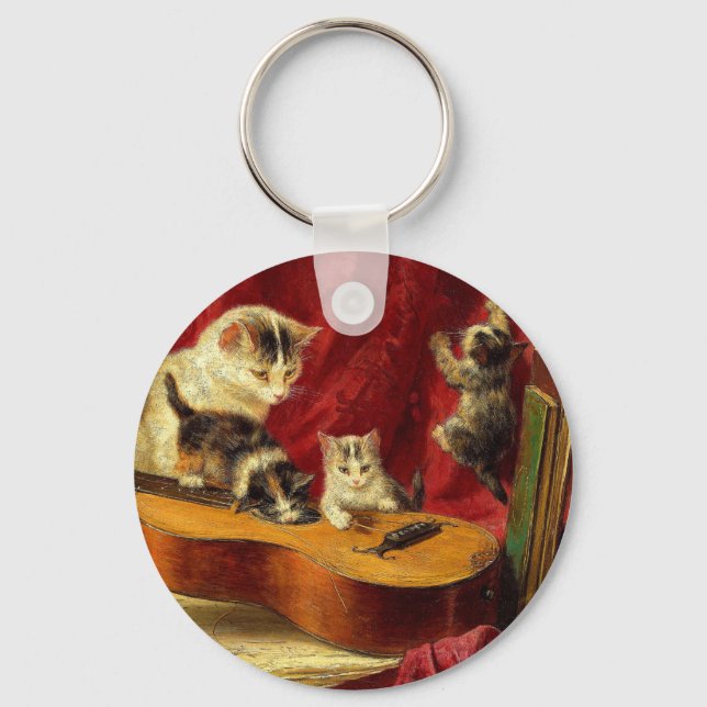 Mother Cat and Kittens Playing with Guitar Key Ring (Front)