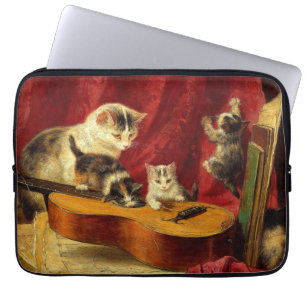 Mother Cat and Kittens Playing with Guitar Laptop Sleeve