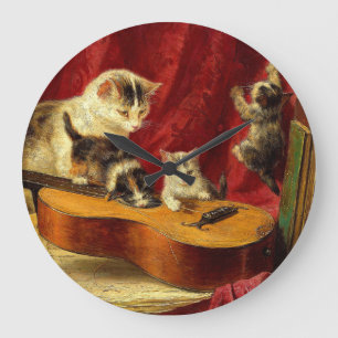 Mother Cat and Kittens Playing with Guitar Large Clock
