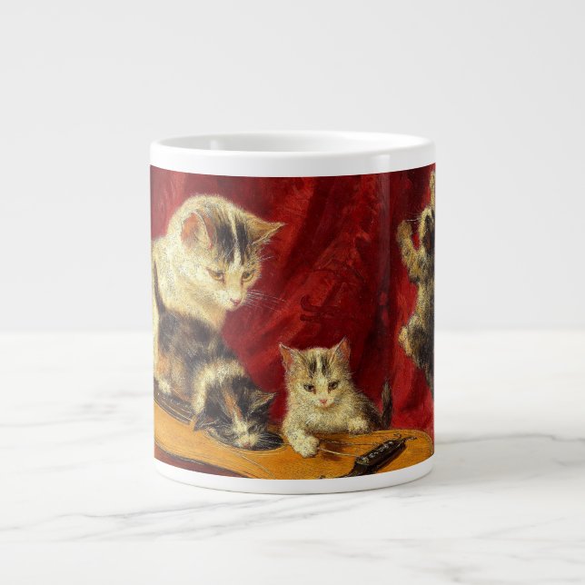 Mother Cat and Kittens Playing with Guitar Large Coffee Mug (Front)