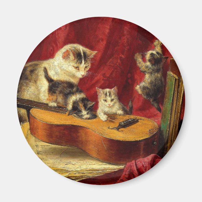 Mother Cat and Kittens Playing with Guitar Magnet (Front)