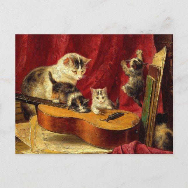 Mother Cat and Kittens Playing with Guitar Postcard (Front)