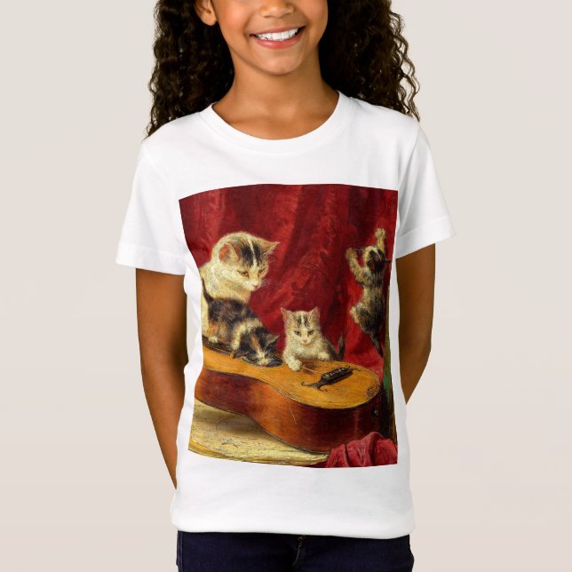 Mother Cat and Kittens Playing with Guitar T-Shirt (Front)