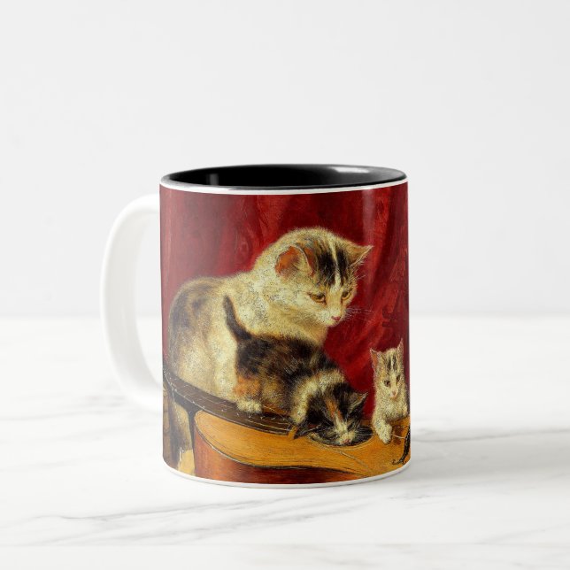 Mother Cat and Kittens Playing with Guitar Two-Tone Coffee Mug (Front Left)