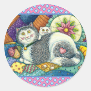 MOTHER CAT & KITTEN, PATCHWORK QUILTS, PINCUSHION CLASSIC ROUND STICKER