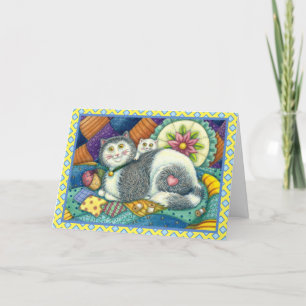 MOTHER CAT & KITTEN, PATCHWORK QUILTS, PINCUSHION HOLIDAY CARD