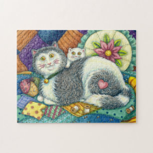 MOTHER CAT & KITTEN, PATCHWORK QUILTS, PINCUSHION JIGSAW PUZZLE