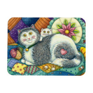 MOTHER CAT & KITTEN, PATCHWORK QUILTS, PINCUSHION MAGNET