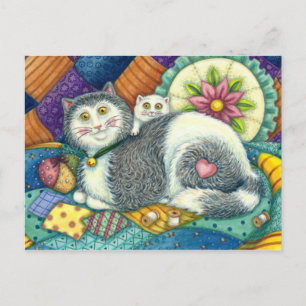 MOTHER CAT & KITTEN, PATCHWORK QUILTS, PINCUSHION POSTCARD
