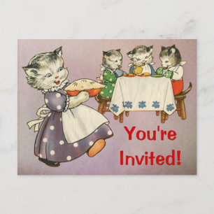 Mother Cat & Kittens Eating Pie - Party Invitation Postcard