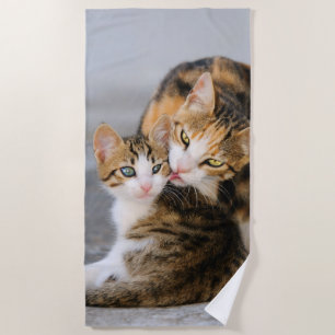 Mother Cat Loves Cute Baby Kitten Animal Pet Photo Beach Towel