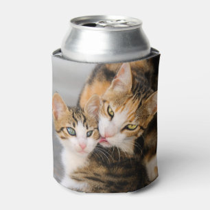 Mother Cat Loves Cute Kitten Photo, Funny Bawdle Can Cooler