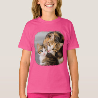 Mother Cat Loves Cute Kitten Photo - pink girl T-Shirt