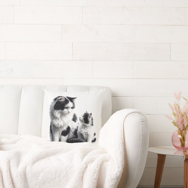 Mother Cat With Kitten On White Cushion (Couch)