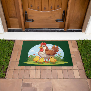 mother chicken and little yellow chicks doormat
