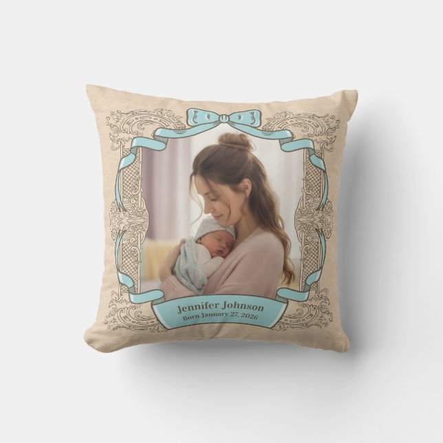 Mother & Child Vintage Coquette Baby Blue Frame Cushion (Front)