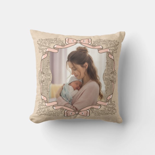 Mother & Child Vintage Coquette Pink Bow Frame Cushion (Front)