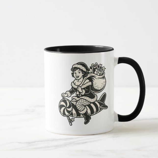 Mother Christmas retro on barley sugar rocket. Mug (Right)