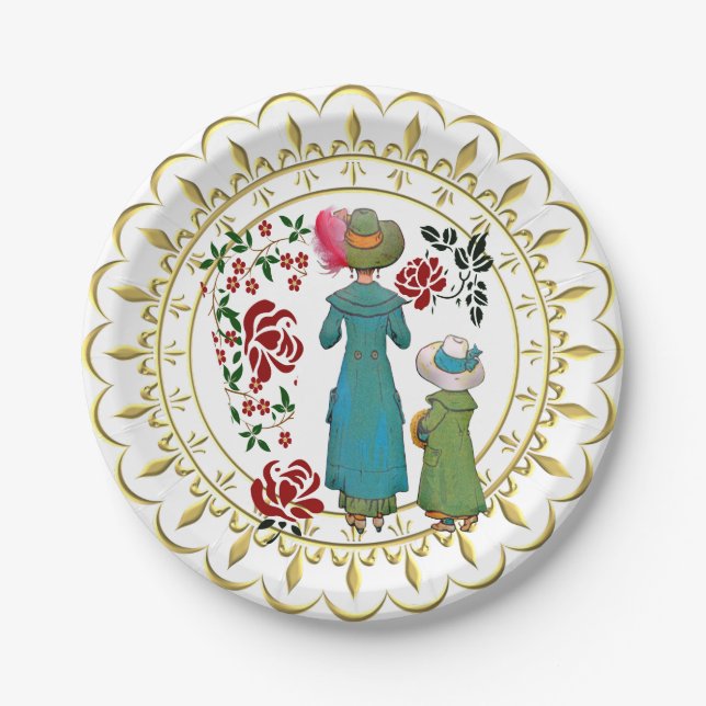  Mother Daughter Duo Red Roses Floral Greenery Paper Plate (Front)