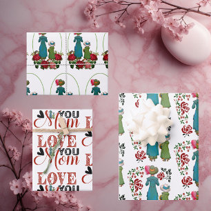 Mother Daughter Duo Red Roses Love You Mum Floral  Wrapping Paper Sheet