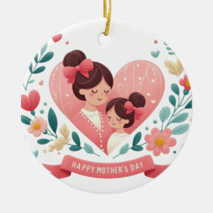 Mother & Daughter Floral Heart- Happy Mother's Day Ceramic Tree Decoration