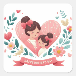Mother & Daughter Floral Heart- Happy Mother's Day Square Sticker