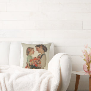 Mother Daughter Sharing Special Moment Flowers Cushion