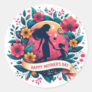 Mother & Daughter Silhouette Floral Mother's Day Classic Round Sticker
