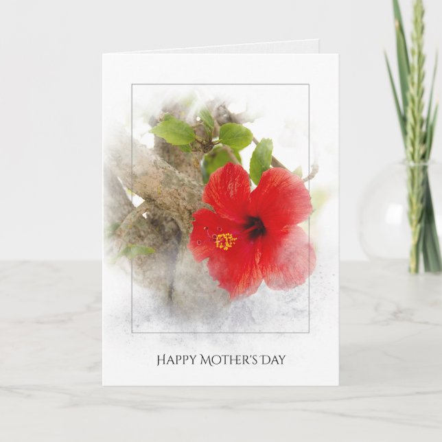 Mother' Day red hibiscus flower in silver framing Card (Front)