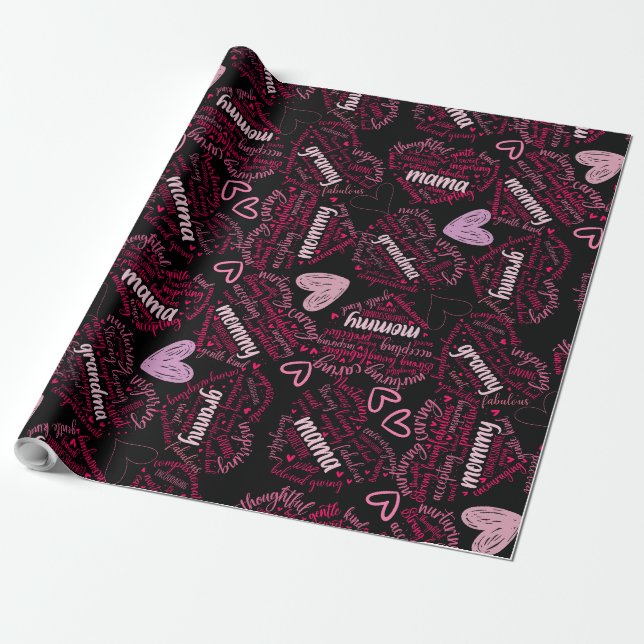 Mother days hearts 01.Pink Black BG Wrapping Paper (Unrolled)