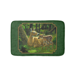 Mother Deer and Fawn Forest Green Bath Mat