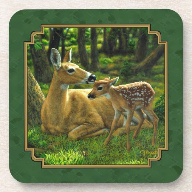 Mother Deer and Fawn Forest Green Coaster (Front)