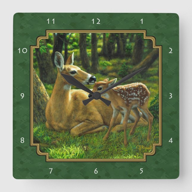 Mother Deer and Fawn Forest Green Square Wall Clock (Front)