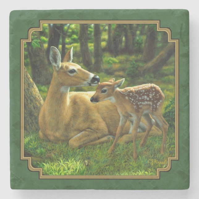 Mother Deer and Fawn Forest Green Stone Coaster (Front)